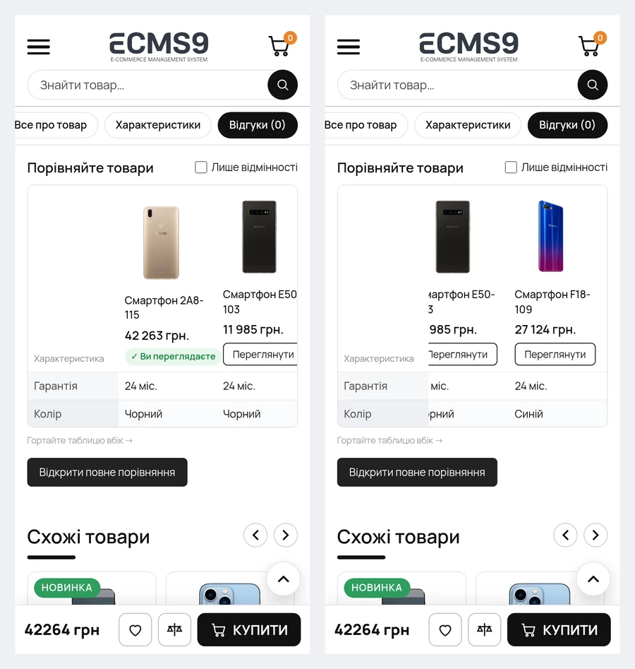Phone, 390 px: the table before and after scrolling sideways