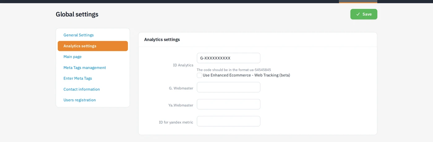 SEO tab with the Google Analytics field