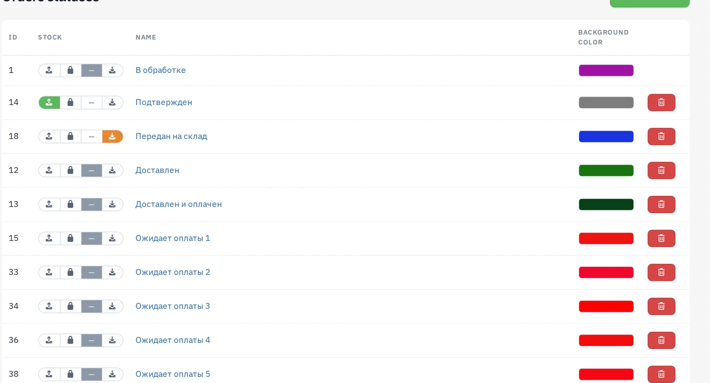 Order statuses with the stock segment control: write off, reserve, neutral, return