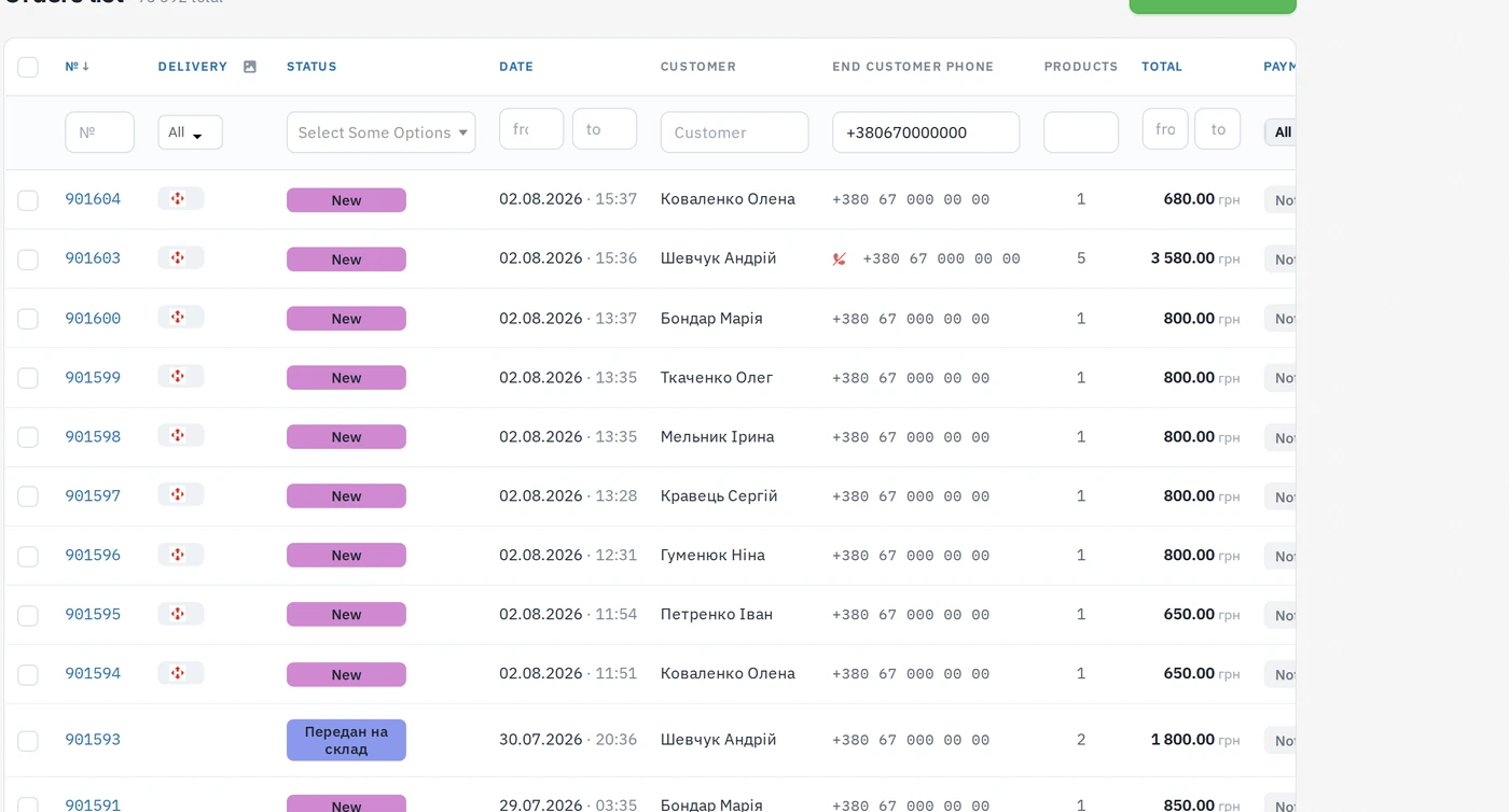 The orders list: same-width status pills, delivery chips and standardized phones