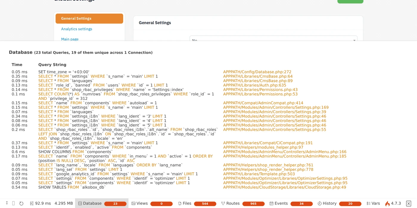 Debug toolbar with the Database panel open on an admin page