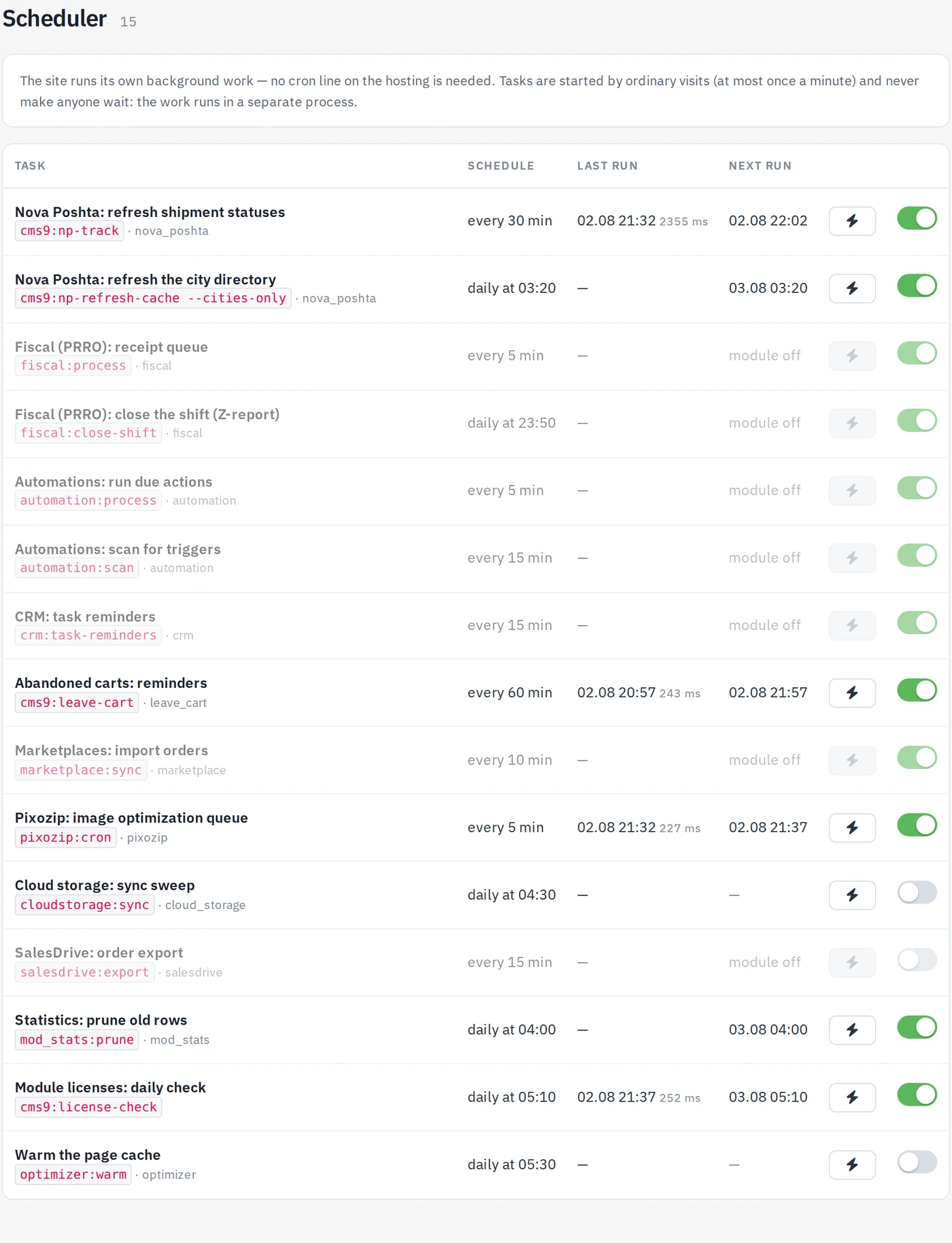 The Scheduler page: every background task with its schedule, last and next run